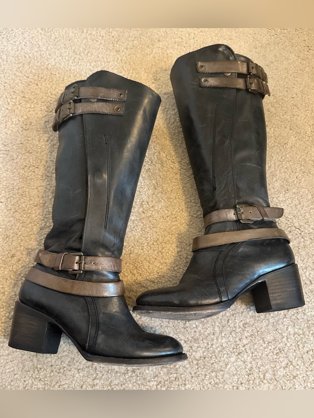 FREEBIRD BY STEVEN Clive Black Brown Strappy Buckle Tall Knee High Boho Boots 7 - Picture 1 of 11